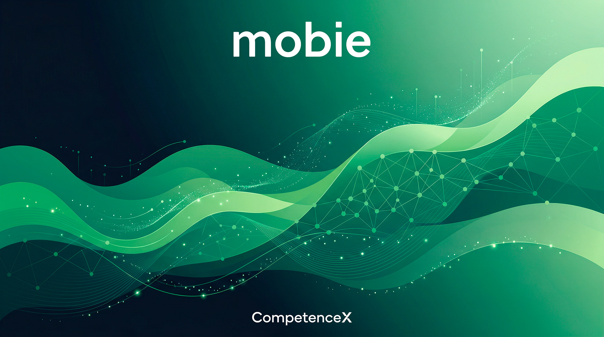 Abstrakti vihreäsävyinen kuva, joka esittää osaamisen kehittämistä, kasvua ja oppimisen polkuja Mobien brändiväreillä.