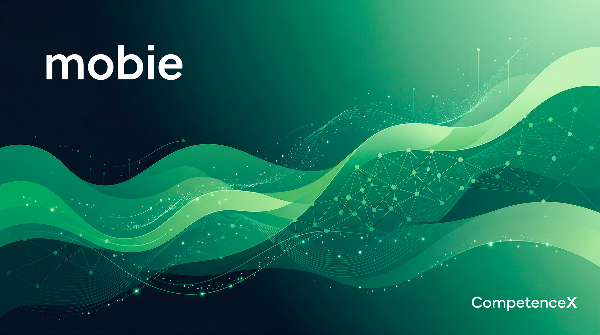Abstrakti vihreäsävyinen kuva, joka esittää osaamisen kehittämistä, kasvua ja oppimisen polkuja Mobien brändiväreillä.