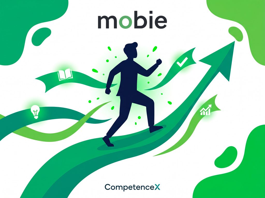 Piirrosmainen kuva, jossa tumma siluettihahmo juoksee energisesti ylöspäin vihreällä aaltoilevalla polulla kohti suurta vihreää nuolta. Ympärillä symboleja: kirja, hehkulamppu, ruksi ja kasvukuvaaja. Mobie- ja CompetenceX-logot kuvassa.