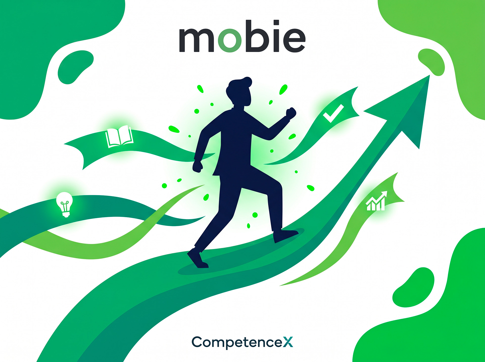 Piirrosmainen kuva, jossa tumma siluettihahmo juoksee energisesti ylöspäin vihreällä aaltoilevalla polulla kohti suurta vihreää nuolta. Ympärillä symboleja: kirja, hehkulamppu, ruksi ja kasvukuvaaja. Mobie- ja CompetenceX-logot kuvassa.